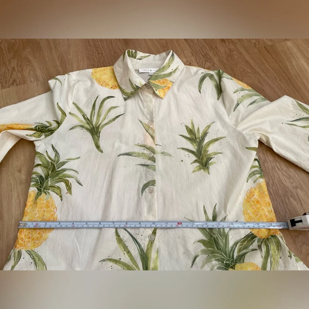 Pineapple shirt dress Hawaiian fit flare Cobalt Tawny medium button up boutique - Picture 9 of 10